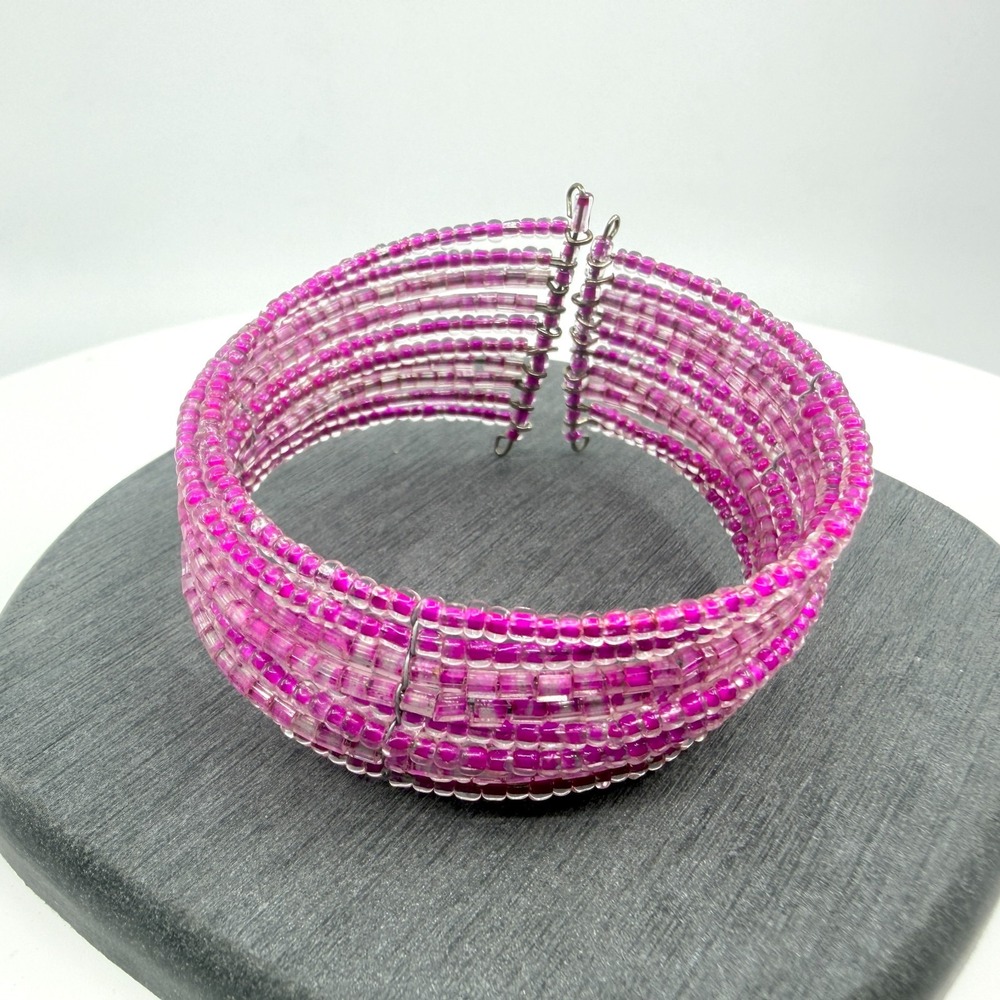 Multi-Row Magenta Seed Bead Memory Wire Cuff Bracelet Boho Stacking Coil Bangle